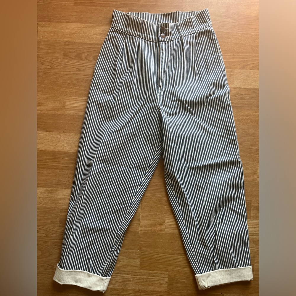 Lucy & Yak Addison High Waisted Organic Cotton Twill Trousers in Blue Stripe 30